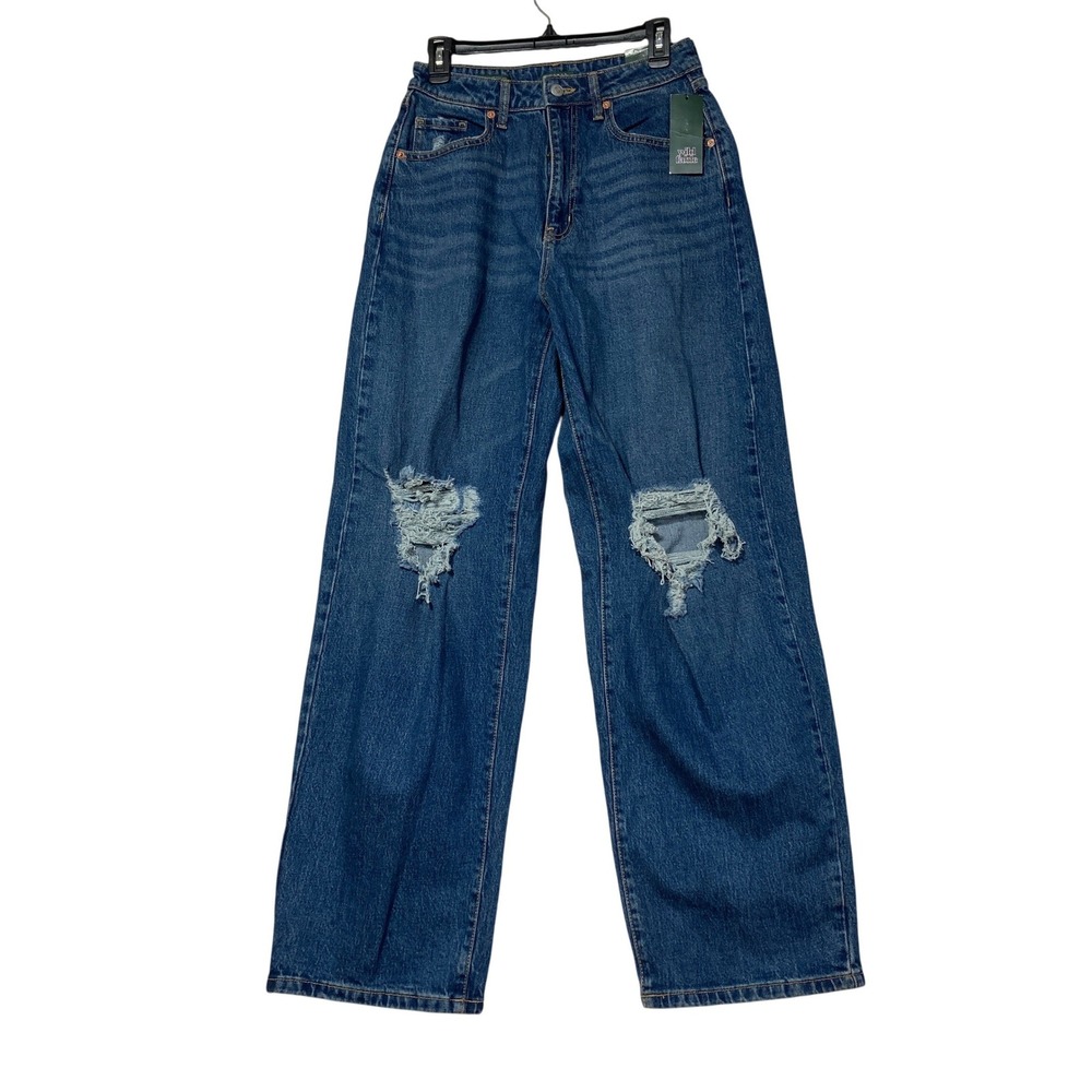 Wild Fable Womens High-Rise Wide Leg Distressed Jeans Blue Ripped Sz 4/27 31.5L